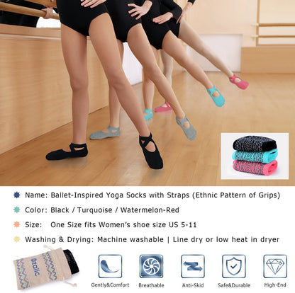 Yoga Socks for Women Non-Slip Grips & Straps, Ideal for Pilates, Pure Barre, Ballet, Dance, Barefoot Workout