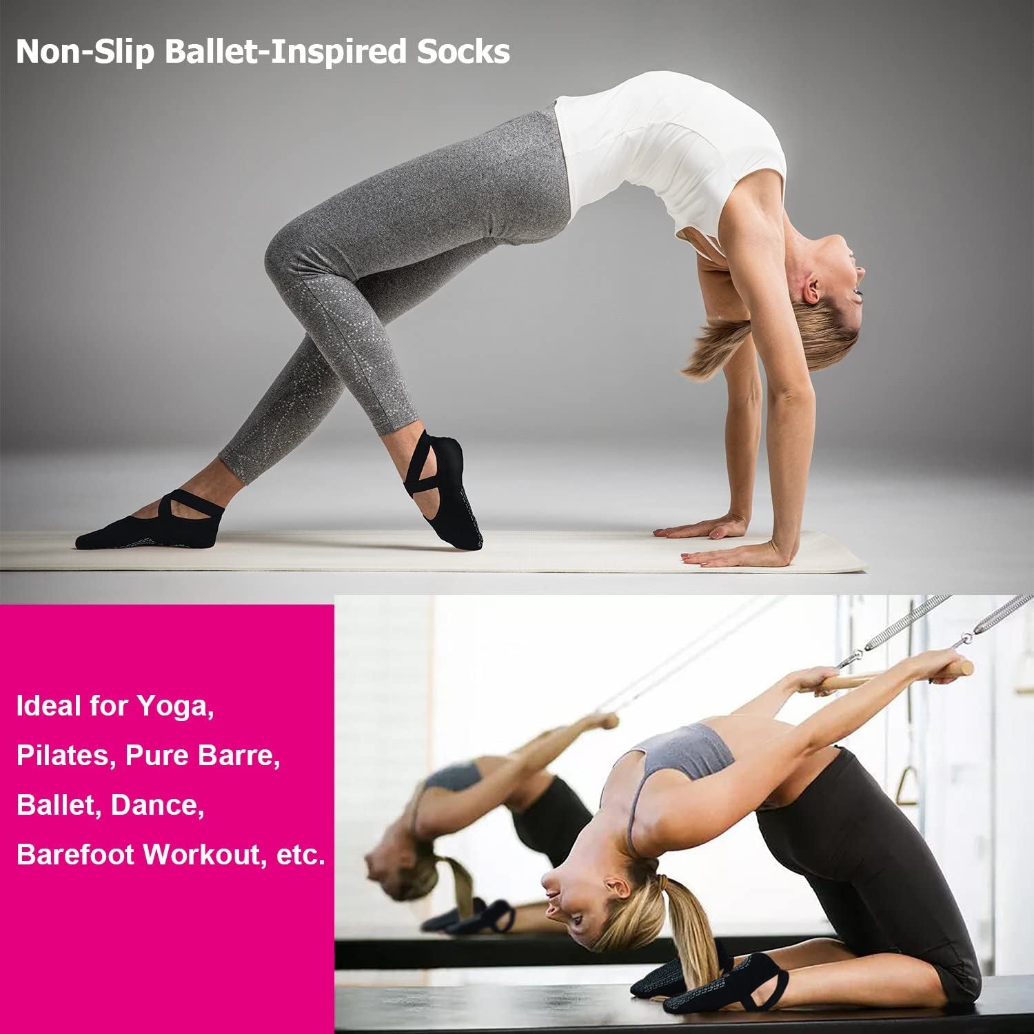 Yoga Socks for Women Non-Slip Grips & Straps, Ideal for Pilates, Pure Barre, Ballet, Dance, Barefoot Workout