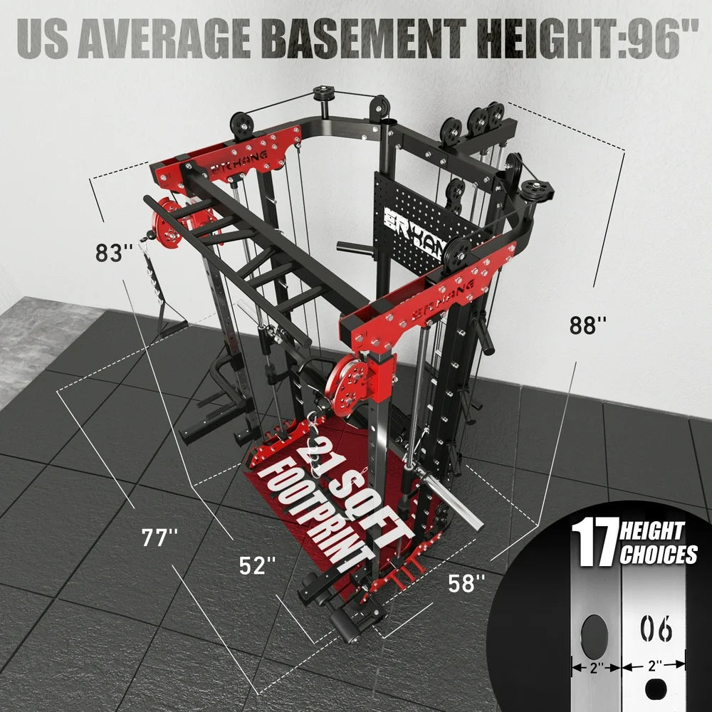 Smith Machine Home Gym, 2200LB Squat Rack, Power Cage with Cable Crossover System, Multifunction LAT Pull down Machine, DIY Storage Home Gym Equipment(Red)