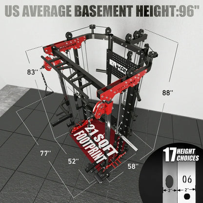 Smith Machine Home Gym, 2200LB Squat Rack, Power Cage with Cable Crossover System, Multifunction LAT Pull down Machine, DIY Storage Home Gym Equipment(Red)