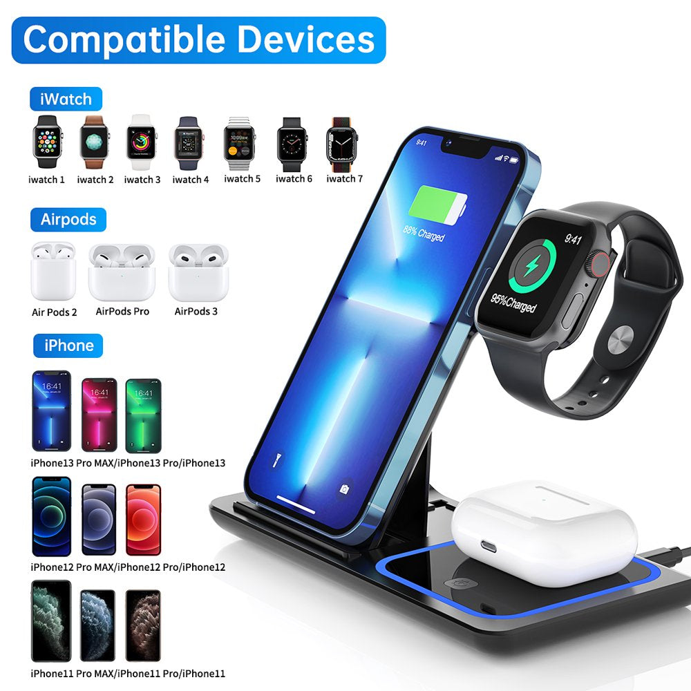 3 in 1 Wireless Charger, 18W Fast Charger Pad Stand Charging Station Dock for Iwatch Series SE 8/7/6/5/4/3 Airpods Pro/3/2 for Iphone 15/14/13/12 /11/Pro Max/12 Pro /XR (With QC3.0 Adapter)