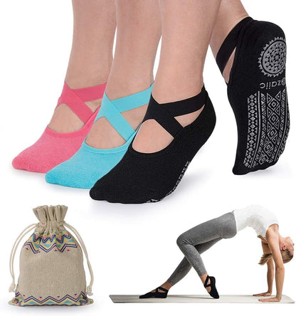 Yoga Socks for Women Non-Slip Grips & Straps, Ideal for Pilates, Pure Barre, Ballet, Dance, Barefoot Workout