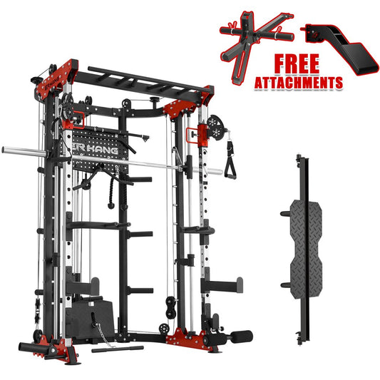 Smith Machine Home Gym, 2200LB Squat Rack, Power Cage with Cable Crossover System, Multifunction LAT Pull down Machine, DIY Storage Home Gym Equipment(Red)