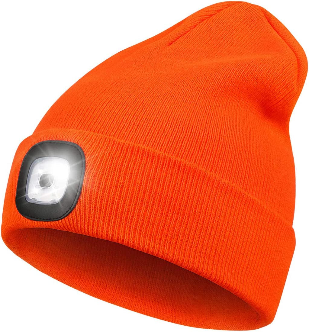 LED Beanie Hat with Light,Unisex USB Rechargeable Hands Free 4 LED Headlamp Cap Winter Knitted Night Lighted Hat Flashlight Women Men Gifts for Dad Him Husband