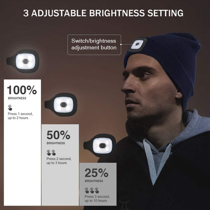 LED Beanie Hat with Light,Unisex USB Rechargeable Hands Free 4 LED Headlamp Cap Winter Knitted Night Lighted Hat Flashlight Women Men Gifts for Dad Him Husband